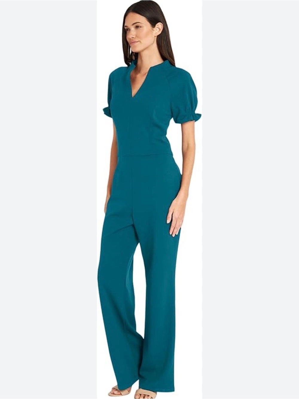 Maggy London Teal Notch-Neck Short-Sleeve Jumpsuit, Ruffle Sleeve, Size 14